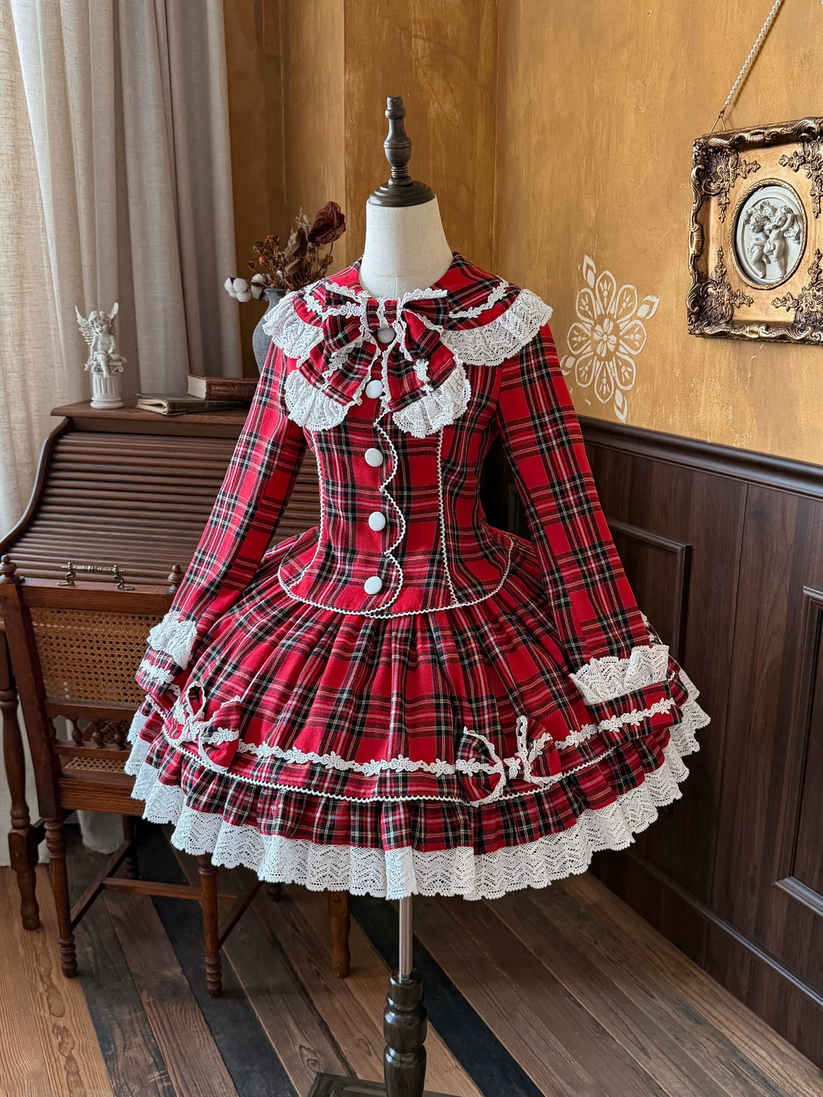 Christmas Knot - Christmas Old School Lolita Jacket & Skirt Set, Red Plaid 46051:873282