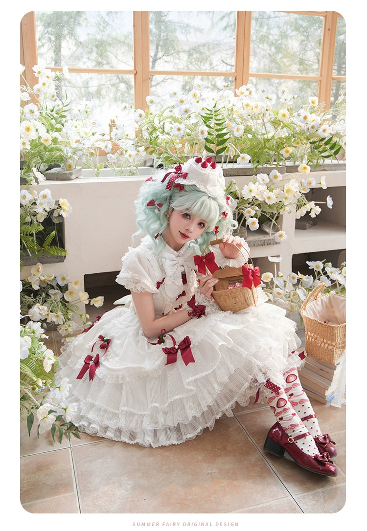 Summer Fairy~Strawberry Angel~Sweet Lolita JSK Suit Tiered Ruffle Dress Set