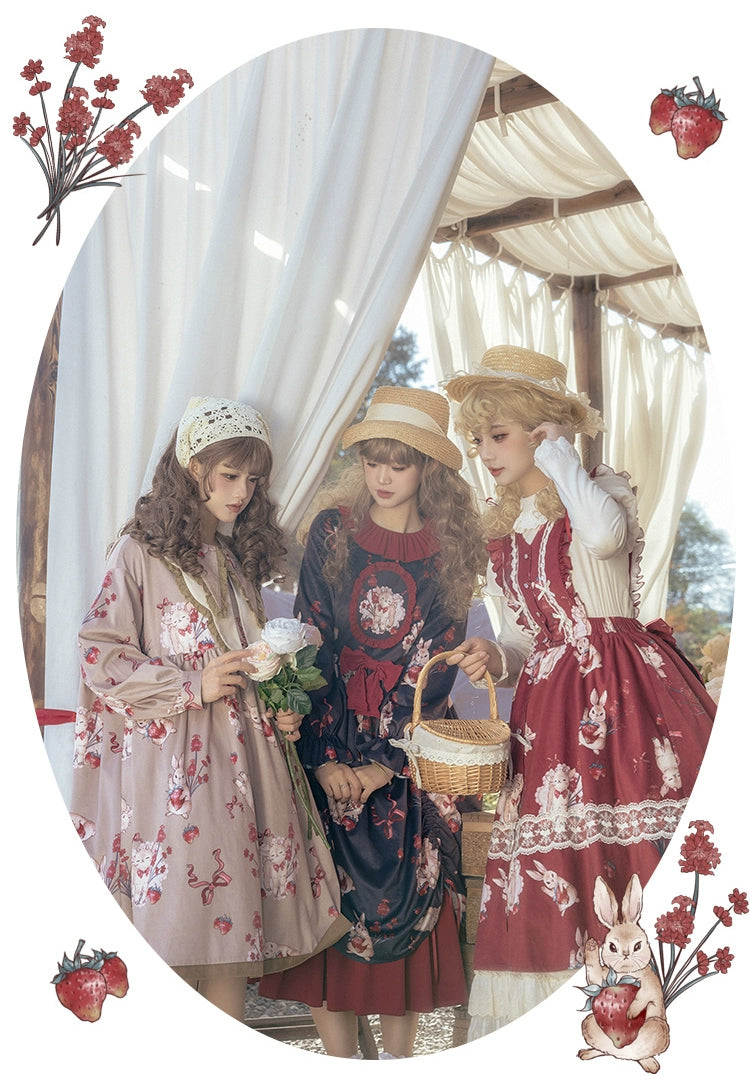 With PUJI~Sheepberry Bunny Air~Sweet Lolita Dress Velvet Print JSK and OP