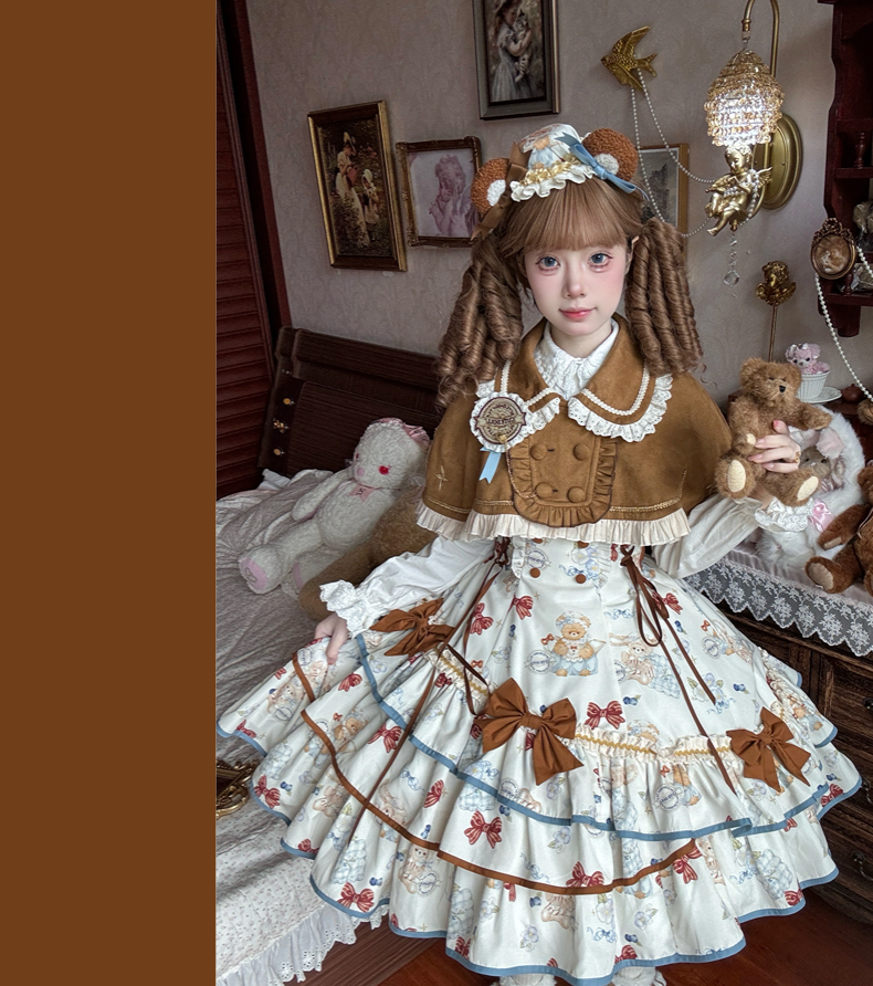 Cheese Mee Mee~Seaside Tea Party~Sweet Lolita Dress Cute Print JSK and Cape Khaki Cape Only S