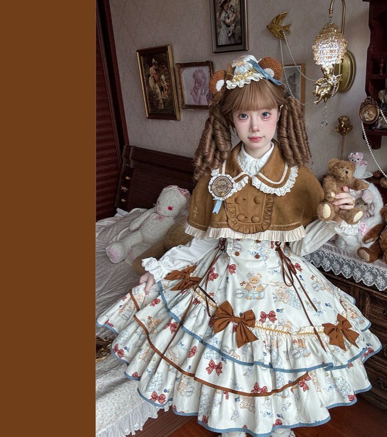 Cheese Mee Mee - Seaside Tea Party - Sweet Lolita Dress Cute Print JSK and Cape Khaki Cape Only S