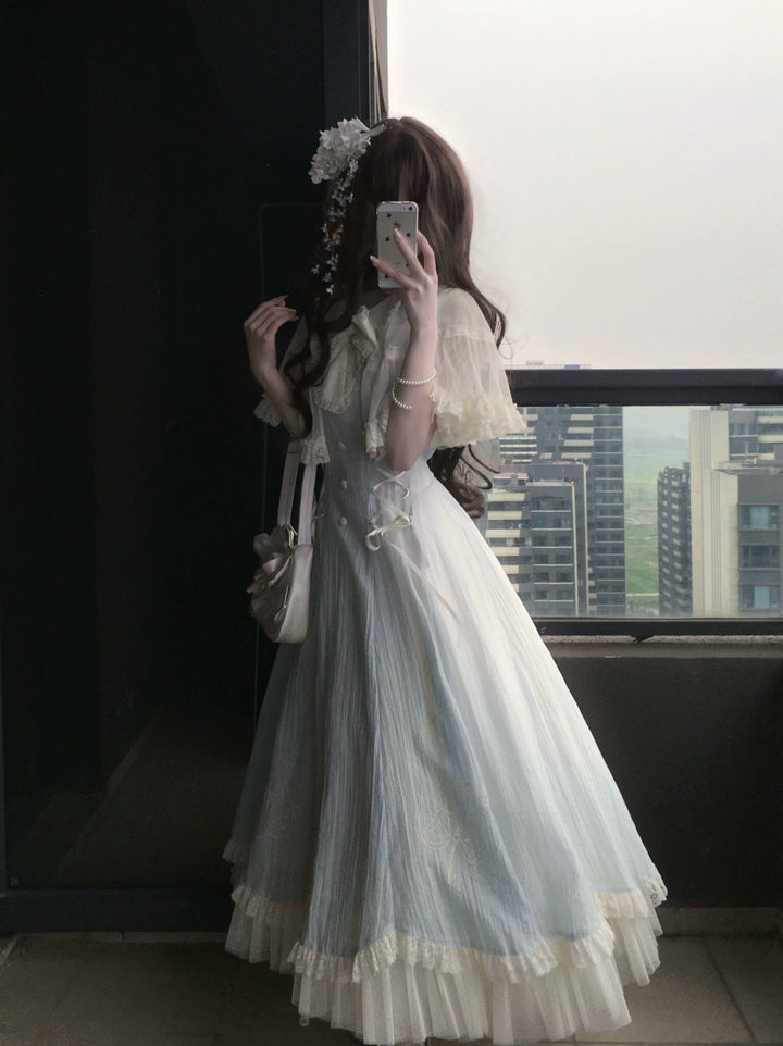 Kuma~Little Wind Chime~Elegant Lolita OP Water Blue Dress With Decorative Tulle Cape