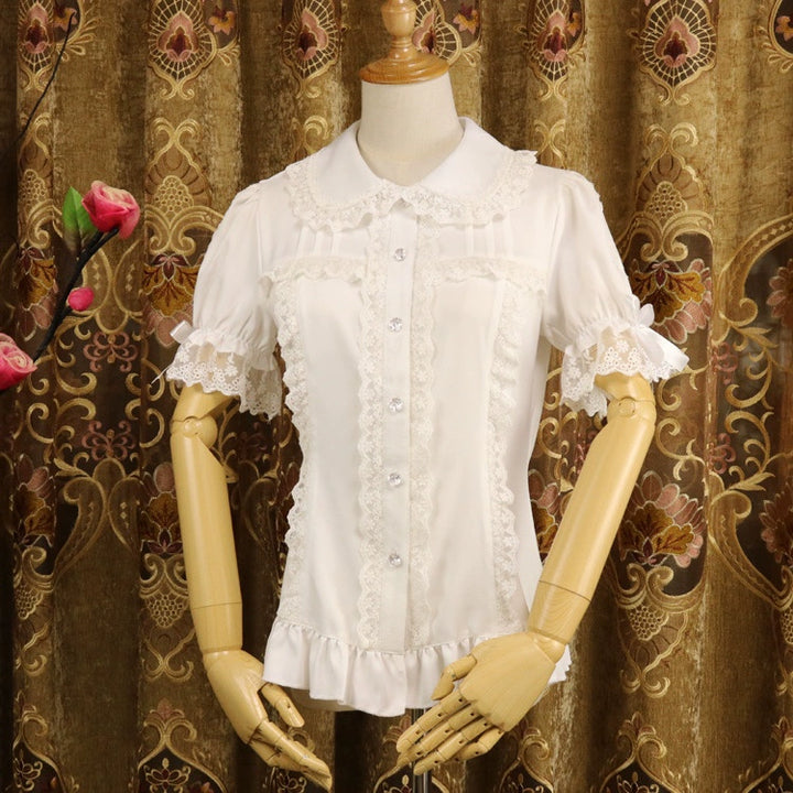 DMFS Lolita~Sweet Lolita Shirt Short Sleeve Chiffon Blouse Milk white S