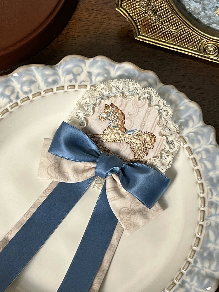 Alice Girl - Sea Salt Fairytale - Sweet Lolita Accessory Embroidered Pony Lolita Badge (Blue) Double-layered Bow Badge Only