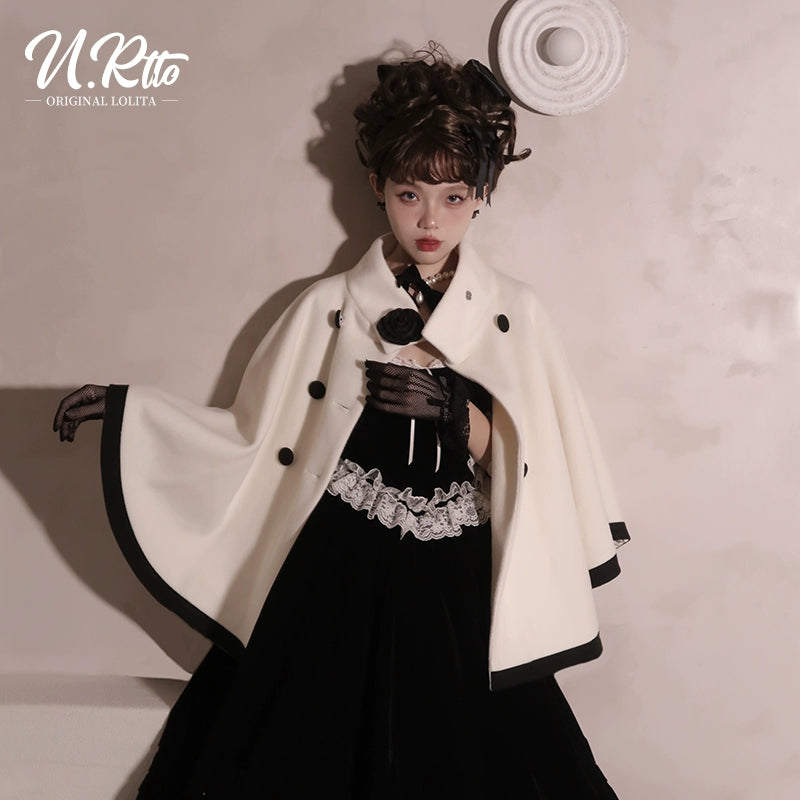 Urtto~Lolita Woolen Coat Autumn Winter Elegant Red and Cream Cloak   