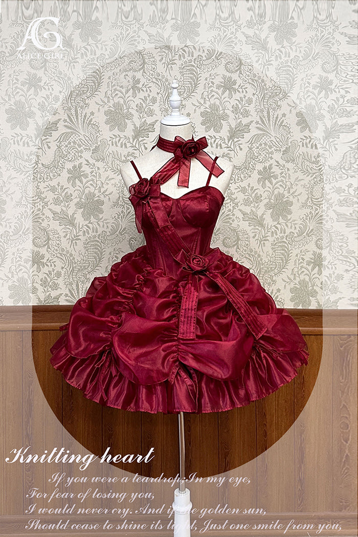 Alice Girl~Knitting Heart~Lolita Jumper Dress Luxury Ballet Full dress XS burgundy 
