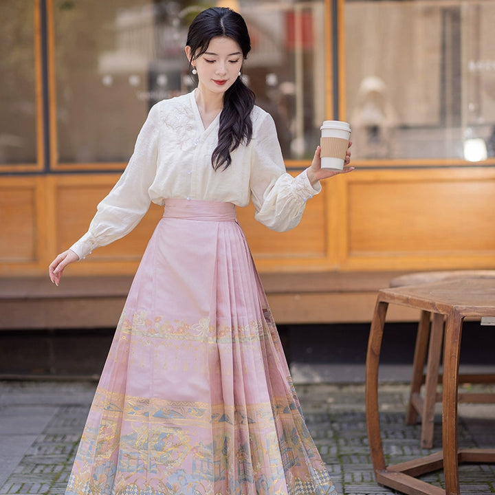 Chixia~Chinese Symbol of Jiangnan in Painting~Han Lolita Skirt Long Sleeve Shirt and Horse Face Skirt Set S two-piece set (cherry blossom pink skirt+blouse) 