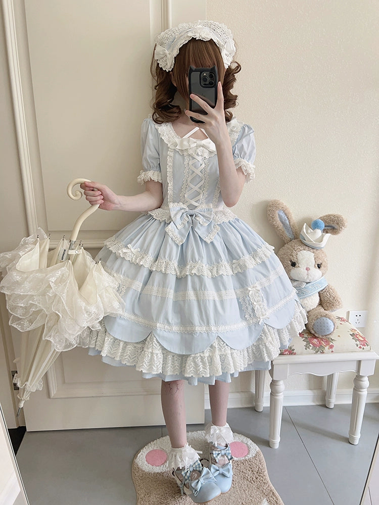 AerialCat~Cream Petal~Old School Lolita OP Dress Cotton Lolita Dress Light Blue - OP S 