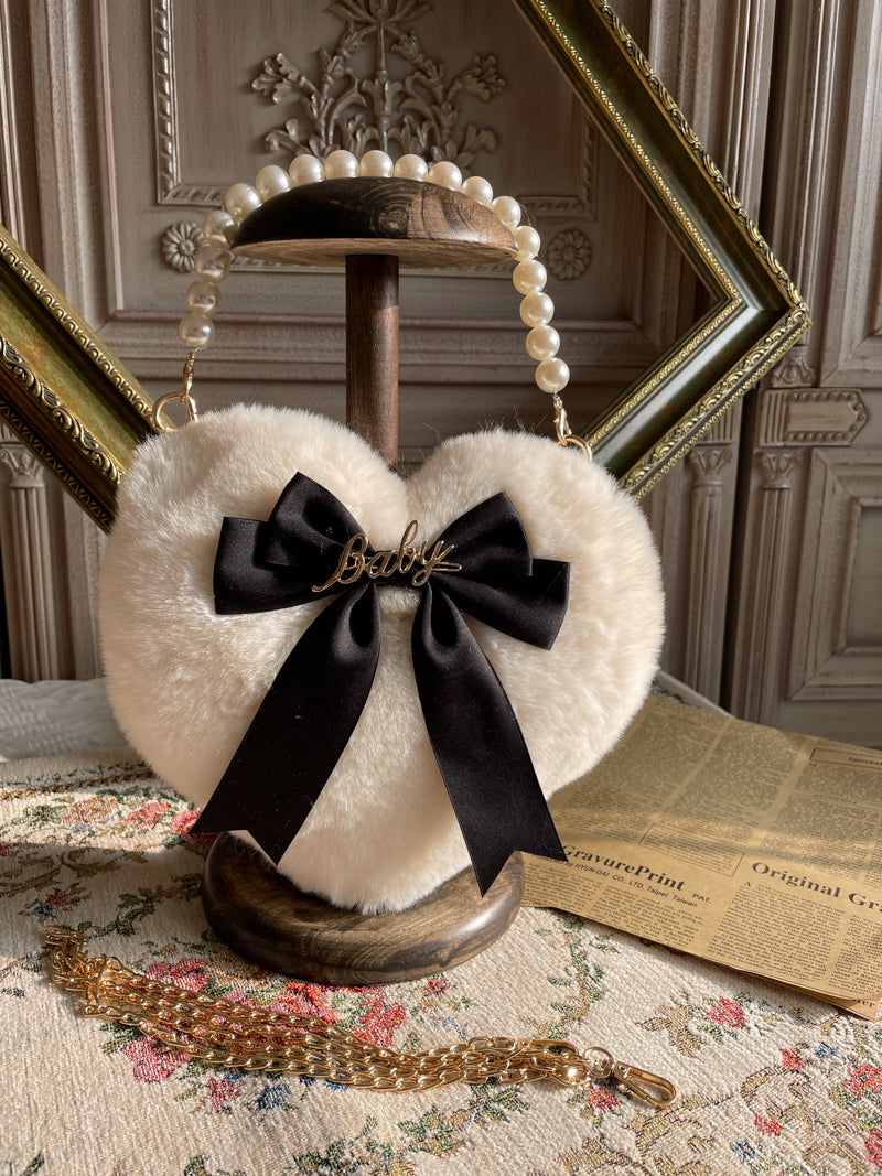 MAID - Kawaii Lolita Heart Bag Plush Pearl Chain Handbag Black