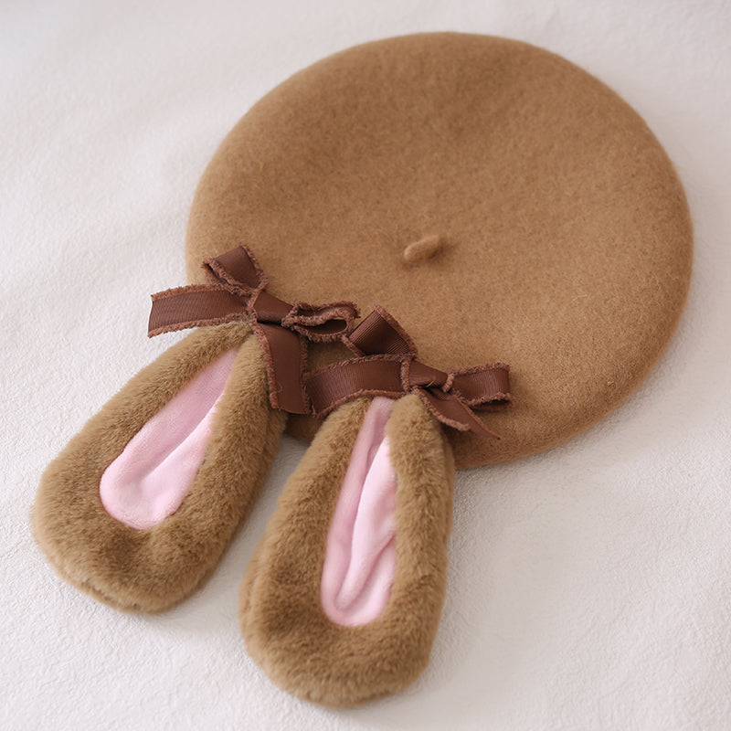 Xiaogui - Winter Lolita Beret Rabbit Ear Hat Bow Beret