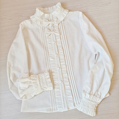 Youlan Lane~Winter Cotton Lolita Blouse White Long Sleeve Stand Collar Shirt white with fleece XS 