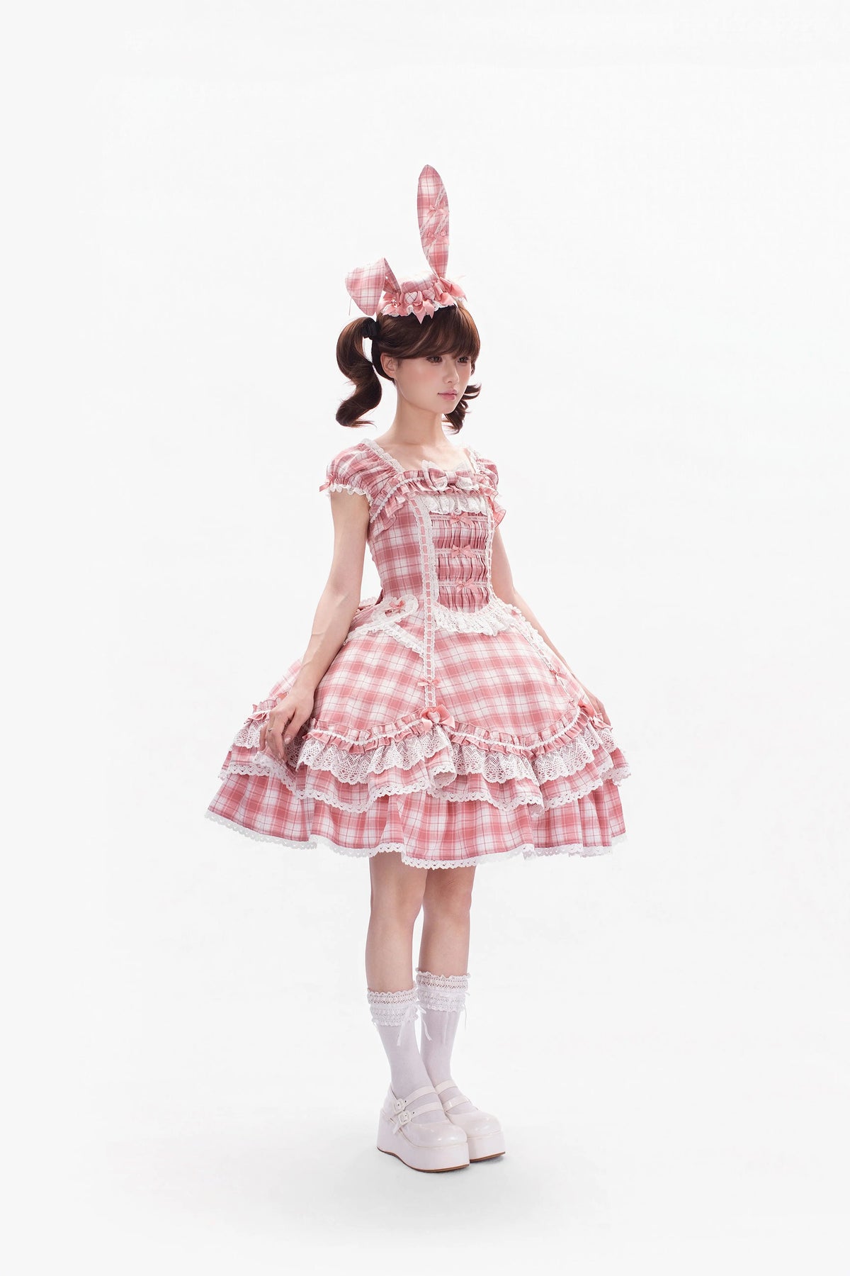 Plaid Lace Bunny - Old School Lolita Plaid OP Dress, Lace Trim 45992:871325
