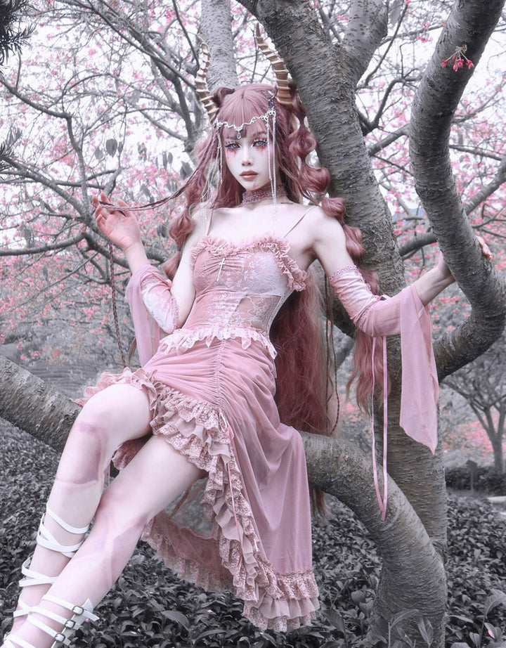 Blood Supply~Sakura Nightmare~Pink Gothic Velvet Drawstring Dress