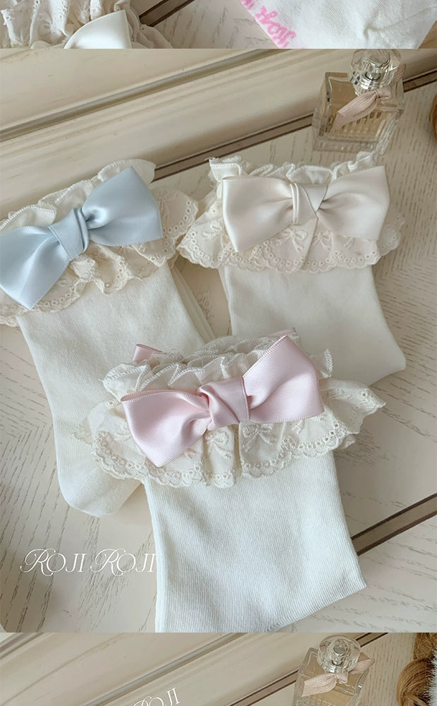 Roji Roji~Cotton Lolita Socks Lace Bow White Socks   