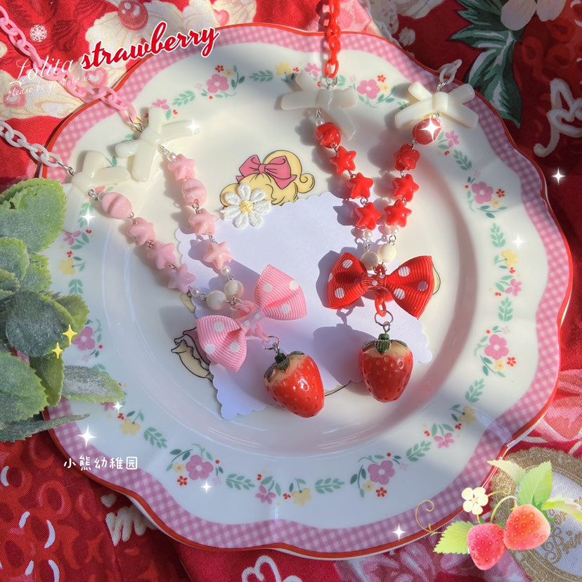 Bear Doll~Sweet Lolita Strawberry Necklace Red Polka Dot Bow