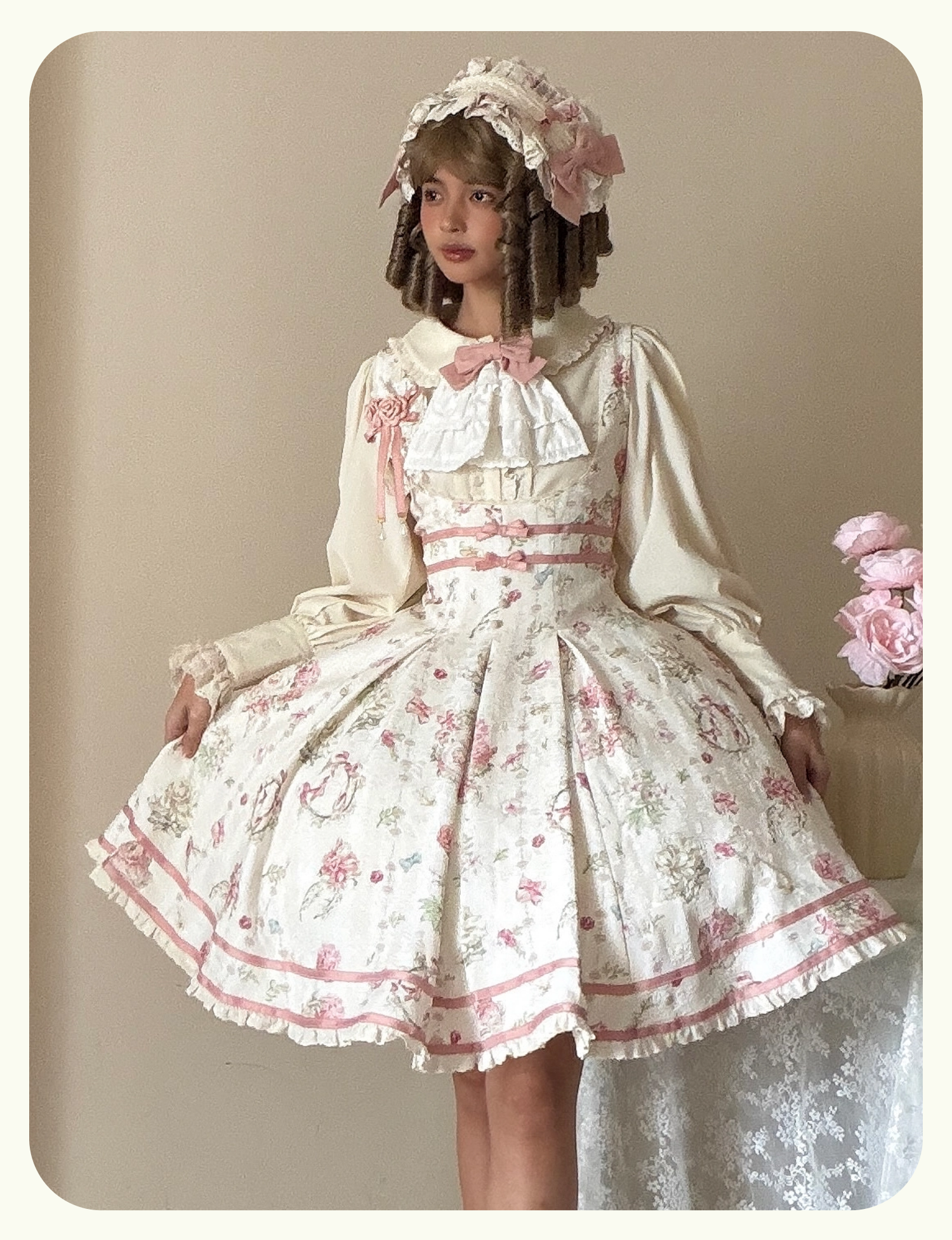 Hydrangea Tea Party - Classic Lolita Bust Supporting JSK, Mutton Sleeve Shirt Beige Shirt (yellowish tone) XS
