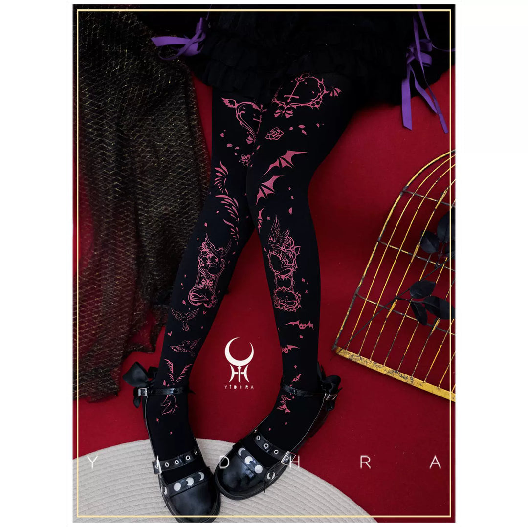 Yidhra~Angel&Devil~Gothic Lolita Pantyhose Printed Goth Tights Black Pantyhose Free size 