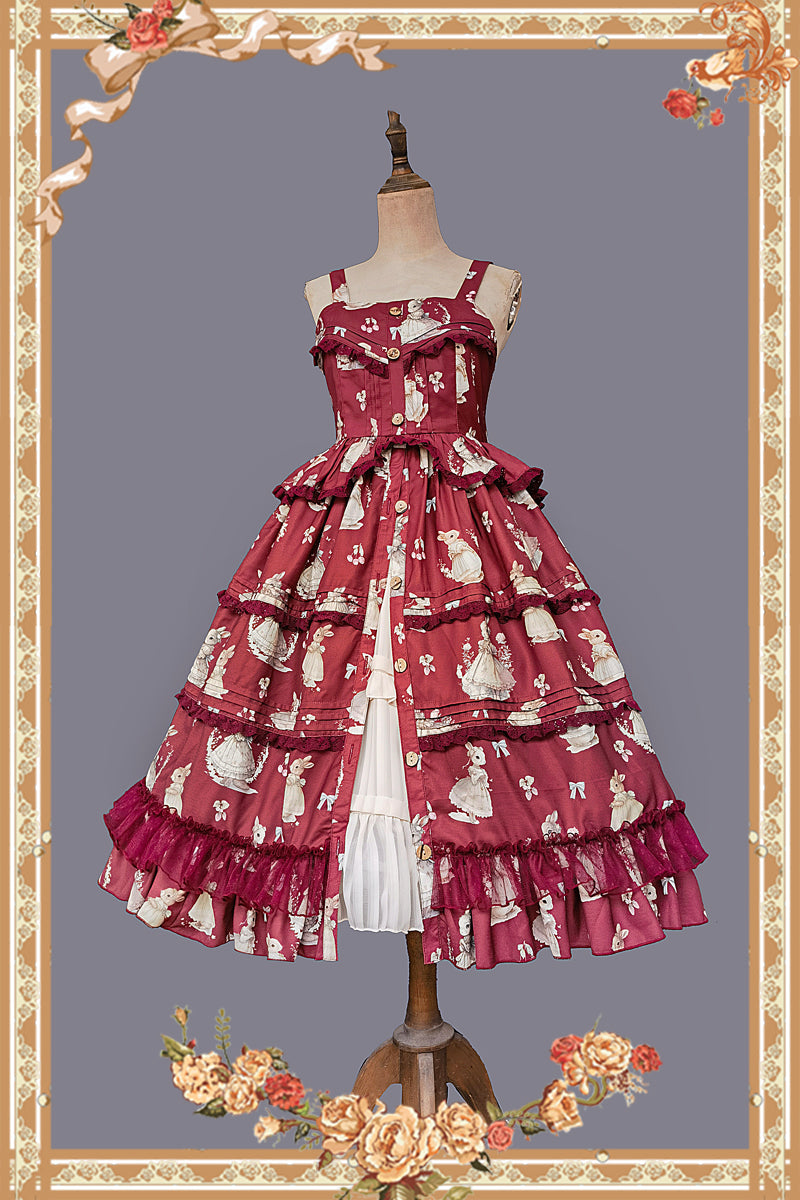 Infanta~Elegant Lolita JSK Dress Tiered Rabbit Prints Middle Split Dress S Red JSK 