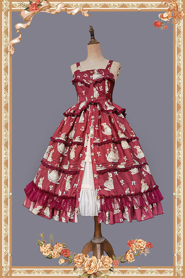 Infanta~Elegant Lolita JSK Dress Tiered Rabbit Prints Middle Split Dress S Red JSK (L M S) 34242:534348