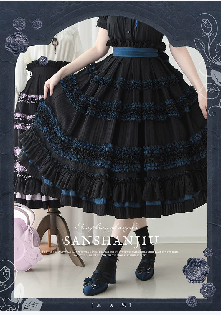 Wings and Bouquet - Dark Classic Lolita Blouse and SK Set, Layered Blue Ruffles 45680:858300