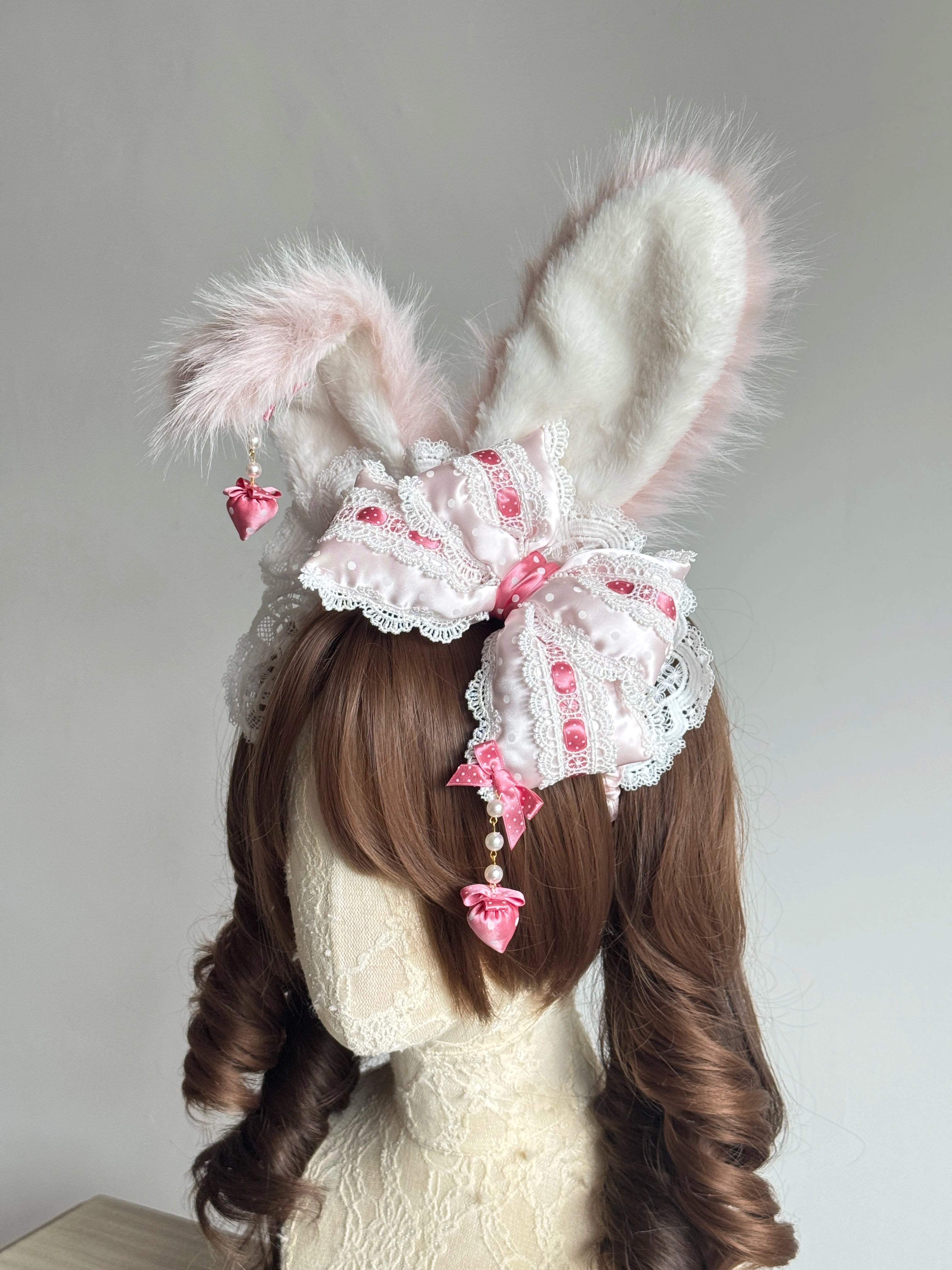 MAID - Sweet Lolita Headdress, Polka Dot Bow, Bunny Ear Old Pink Bow + Pink and White Bunny Ears