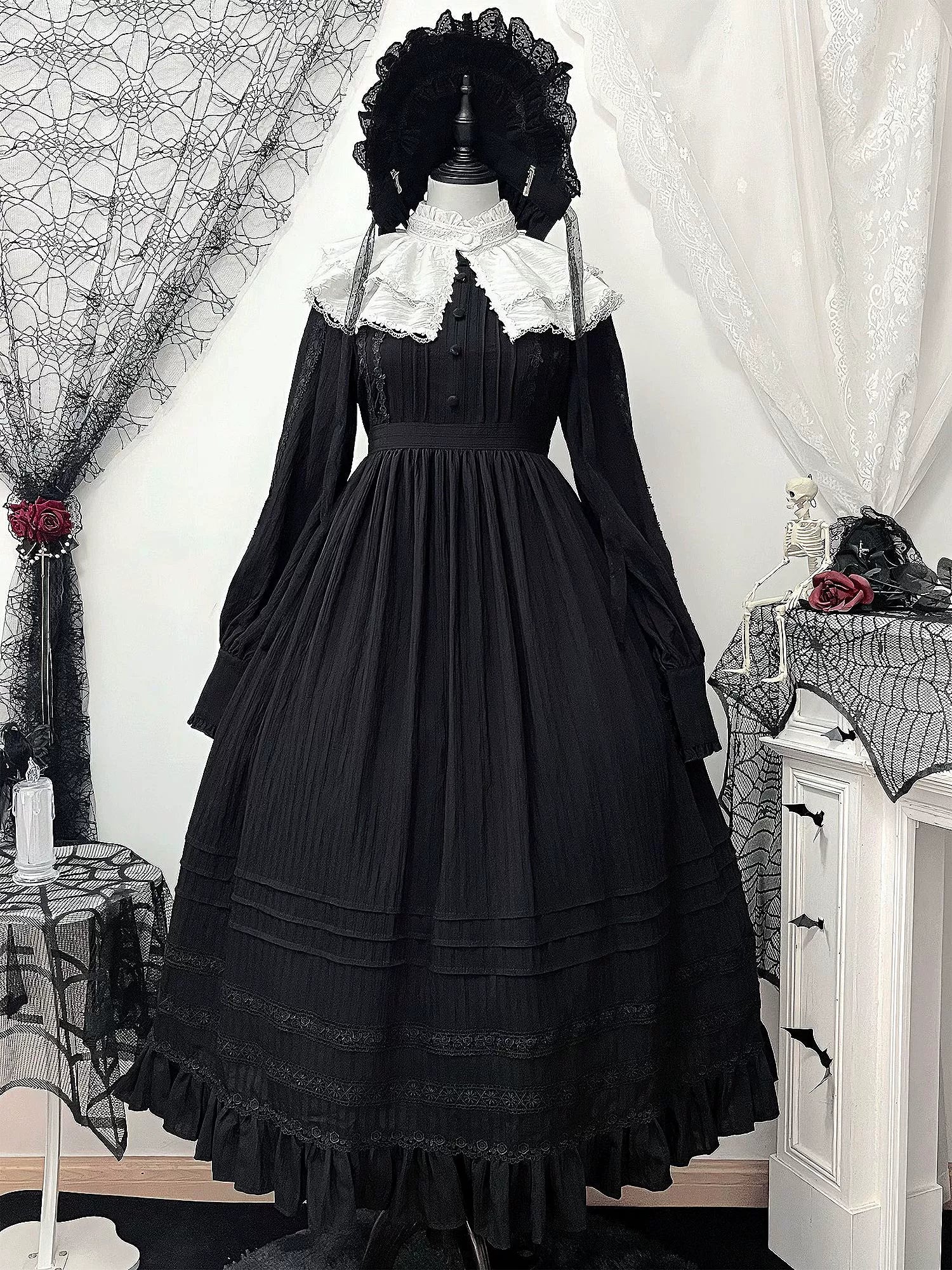 Sanshanjiu - A Quiet Place - Nun Style Gothic Lolita OP Dress Black OP + White Detachable Collar + BNT XS