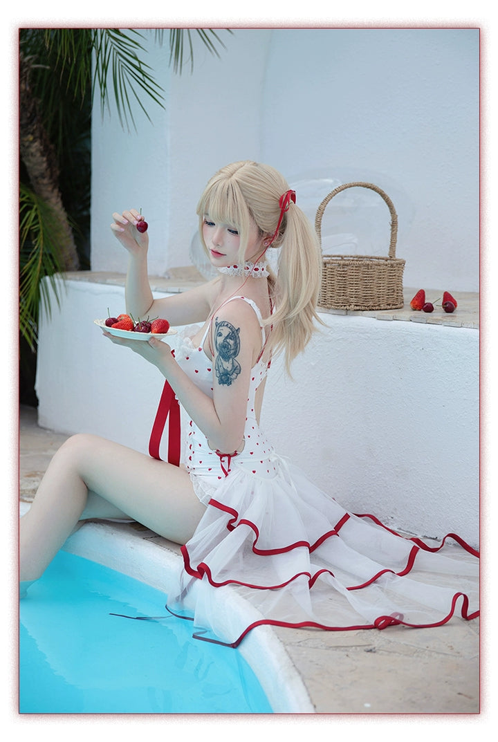 Tan Tuan~Heartbeat Melody~Red & White Lolita-Inspired Swimsuit Set 42997:761399