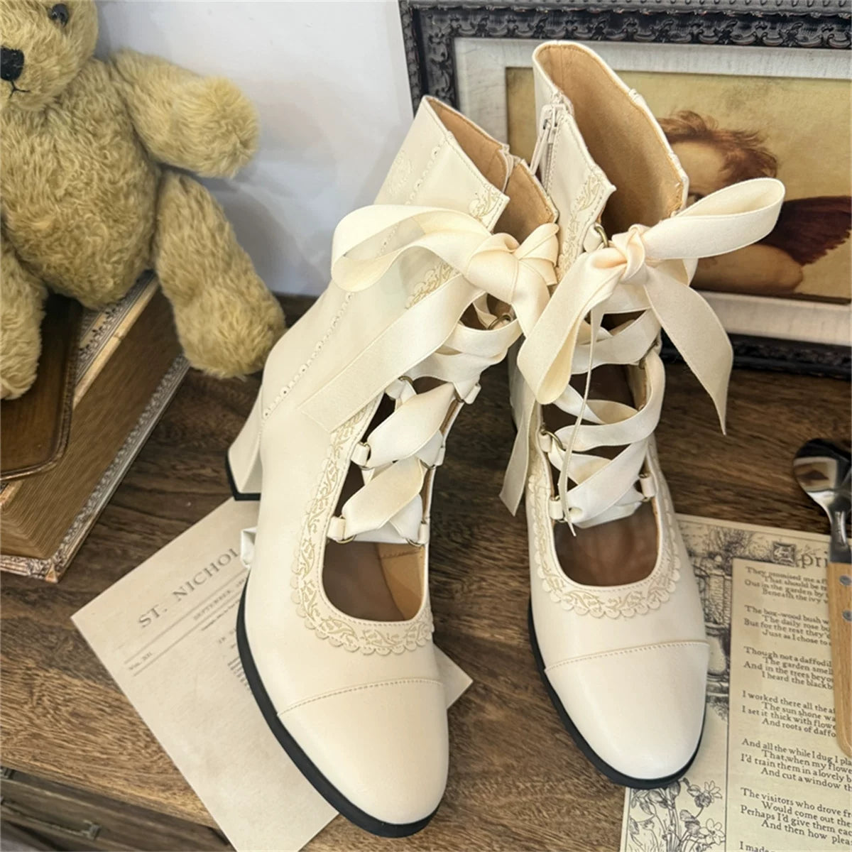 Angel Floral Wall - Classic Lolita Straps Ankle Boots, Side Zipper (Beige / 35 36 37 38 39 40) 45766:861582