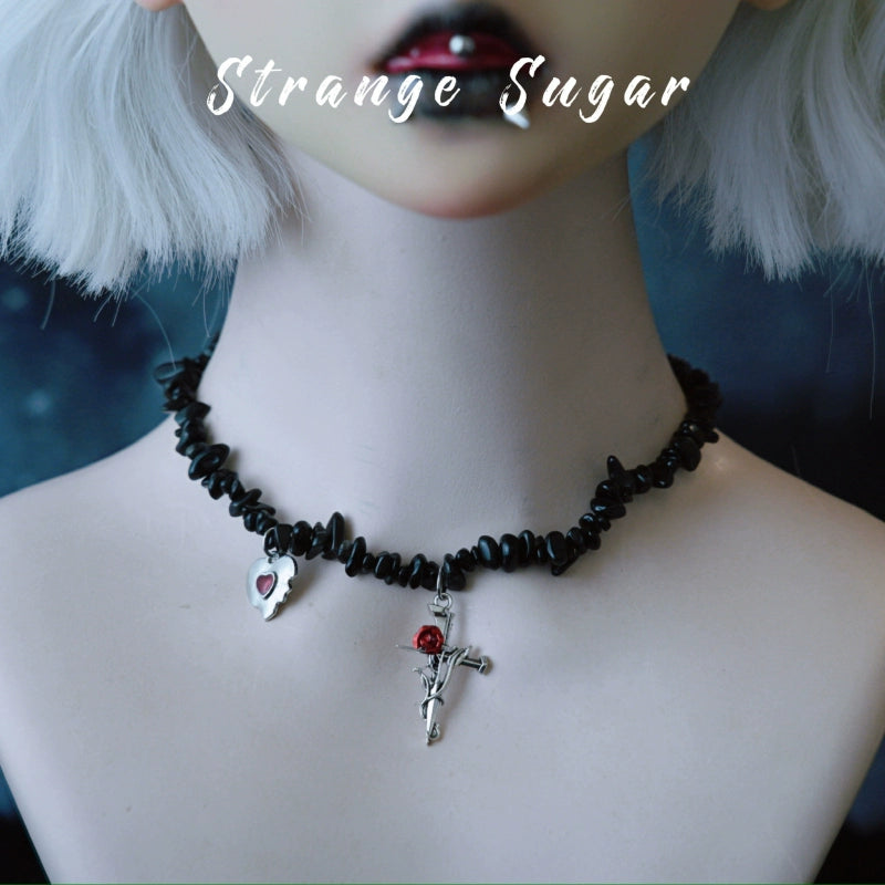 Strange Sugar - Handmade Gothic Lolita Choker, Multiple Pendant Red Cross Rose