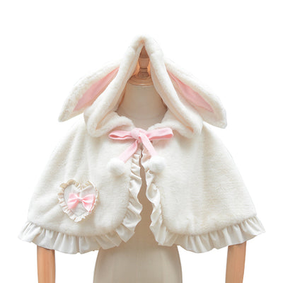 ZhiJinYuan~Lolita Winter Coat Plush Bunny Ear Lolita Cape free size milk-white cape 