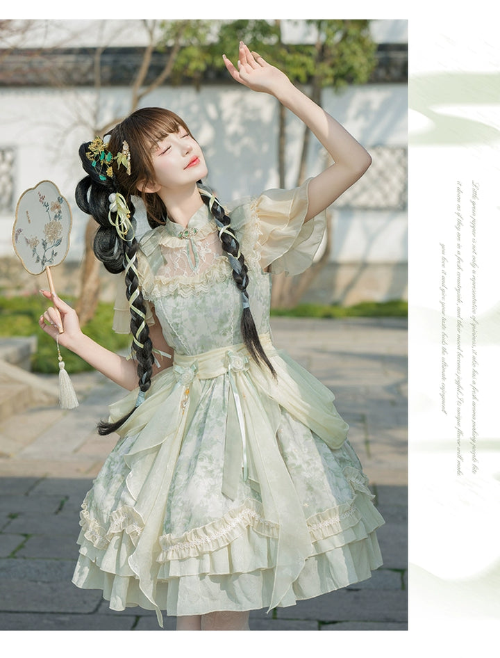 Ball Cat~Small Green Pepper~Han Lolita Dress Green Floral Print OP Dress   