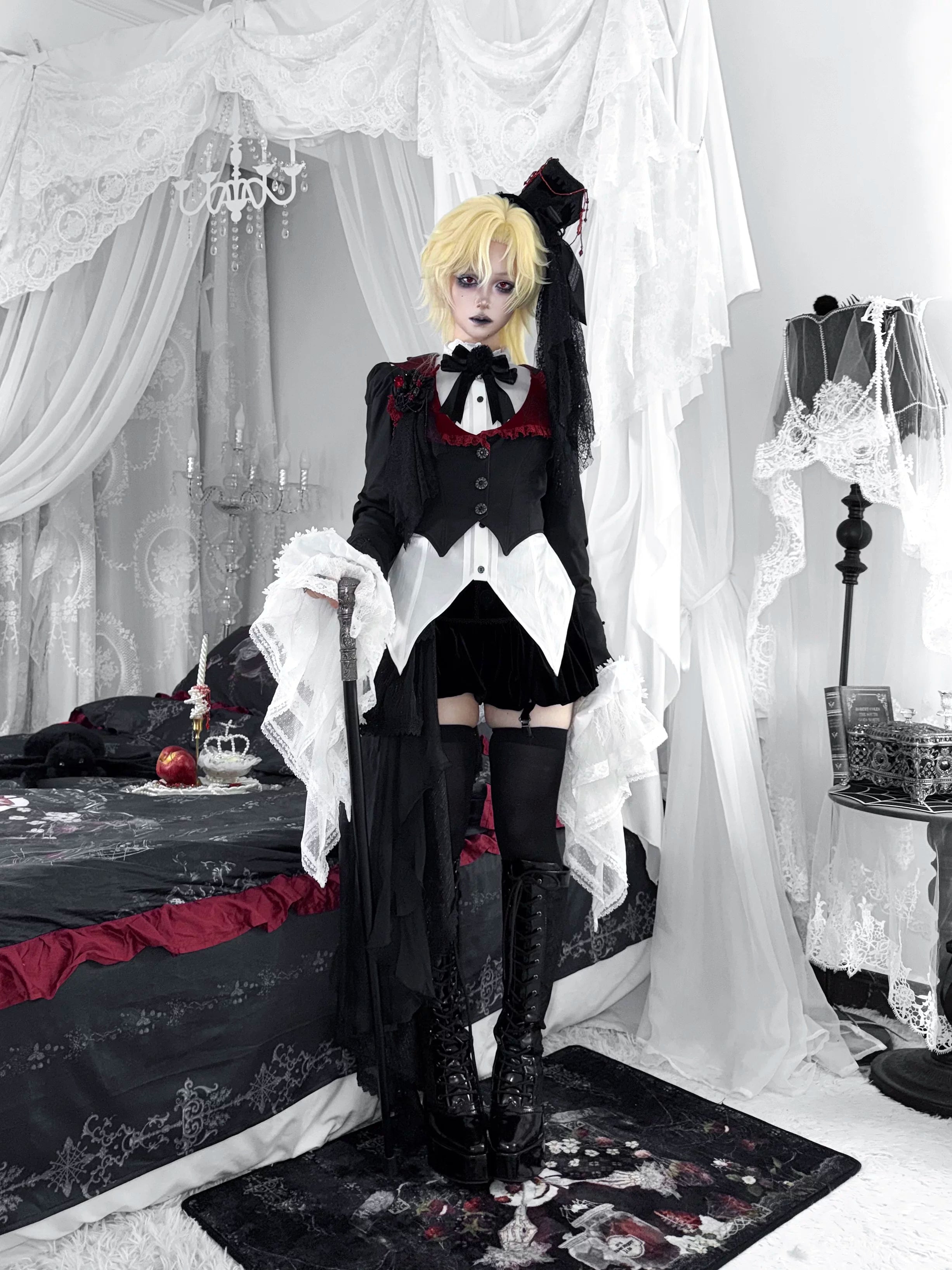 Monster Strawberry Hunt - Gothic Lolita Strawberry Printed Velvet Dress Set 45737:859855