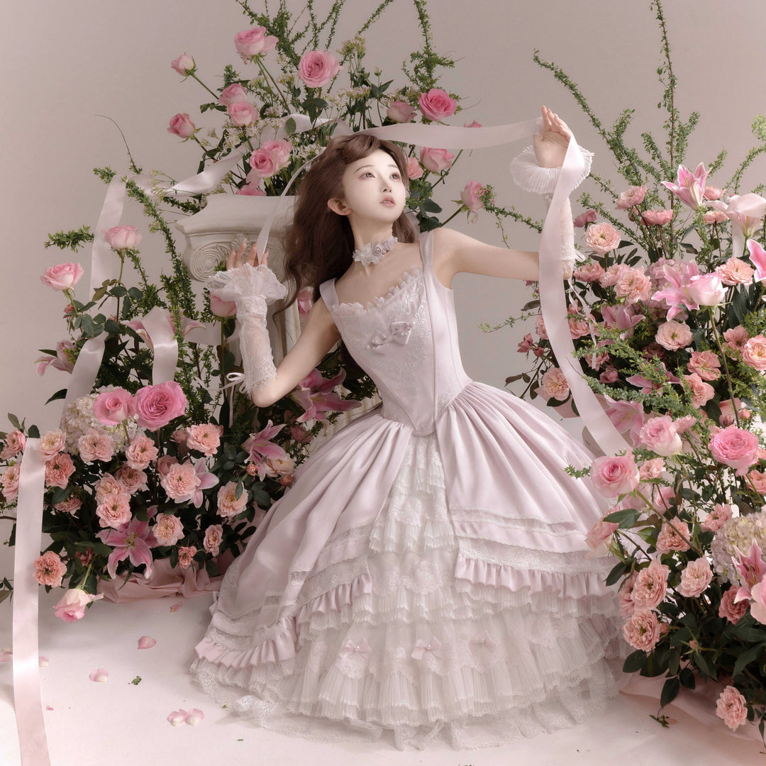 Two Rural Cats~Rose Promise~Classic Lolita JSK Embroidery Jumper Dress Built-in Fishbone Light Pink S JSK + Petticoat Only