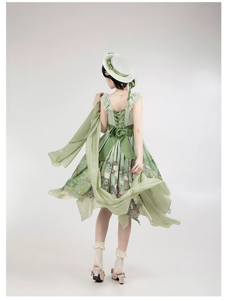 With PUJI~Blooming Rose~Chiffon Classic Lolita Dress Set Painting Styled OP & JSK 42925:758703