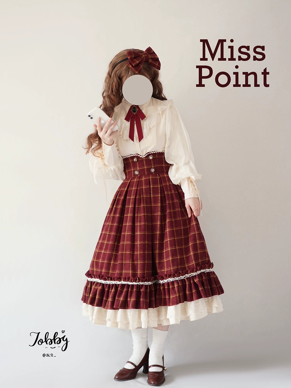 (BFM)Miss Point~Rose~Elegant Lolita Fishbone Grid Skirt Customized XS burgundy grid 