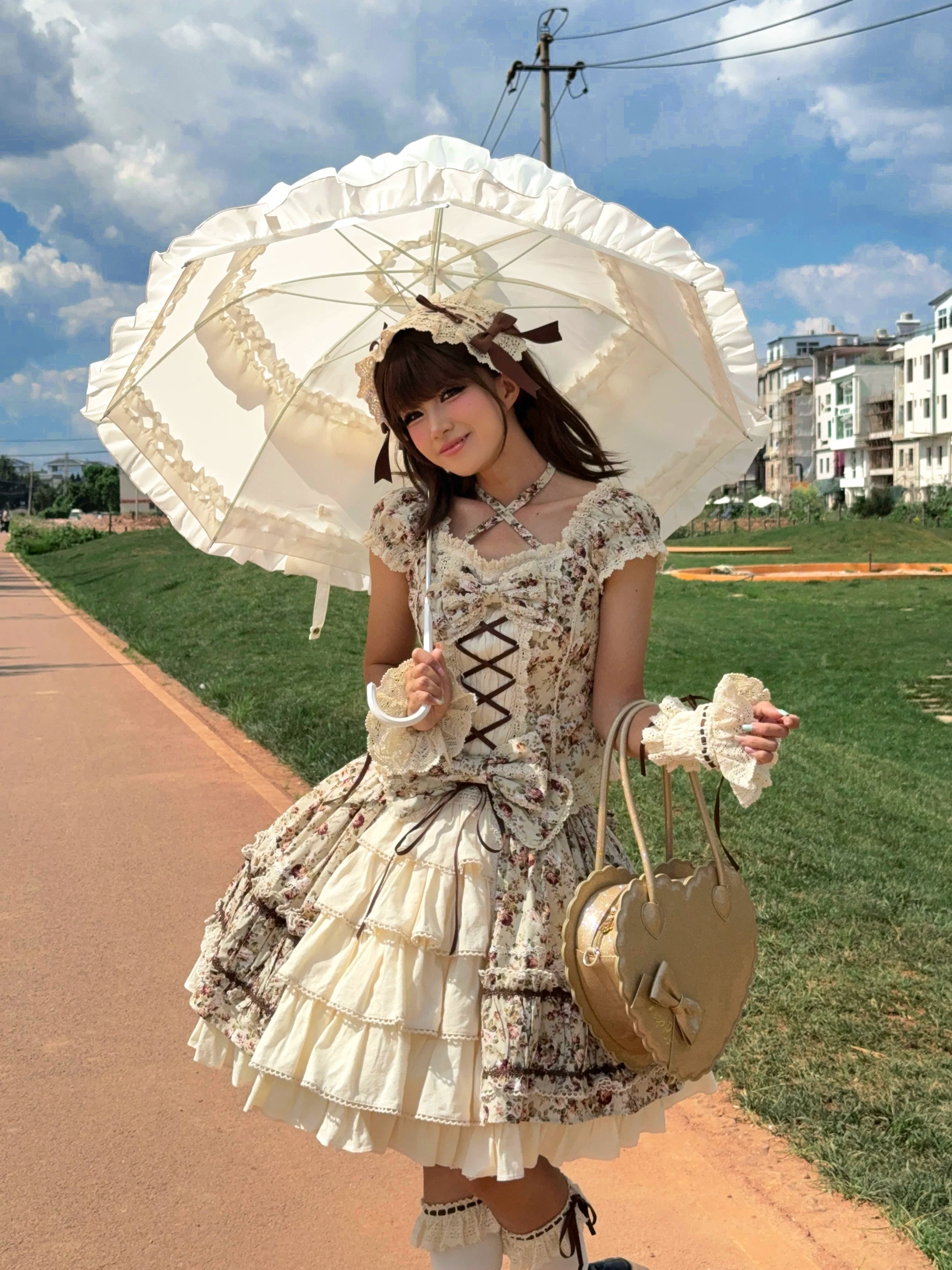 Old Rose Garden - Cotton Old School Lolita Top & Skirt Set, Floral Print 45886:866518