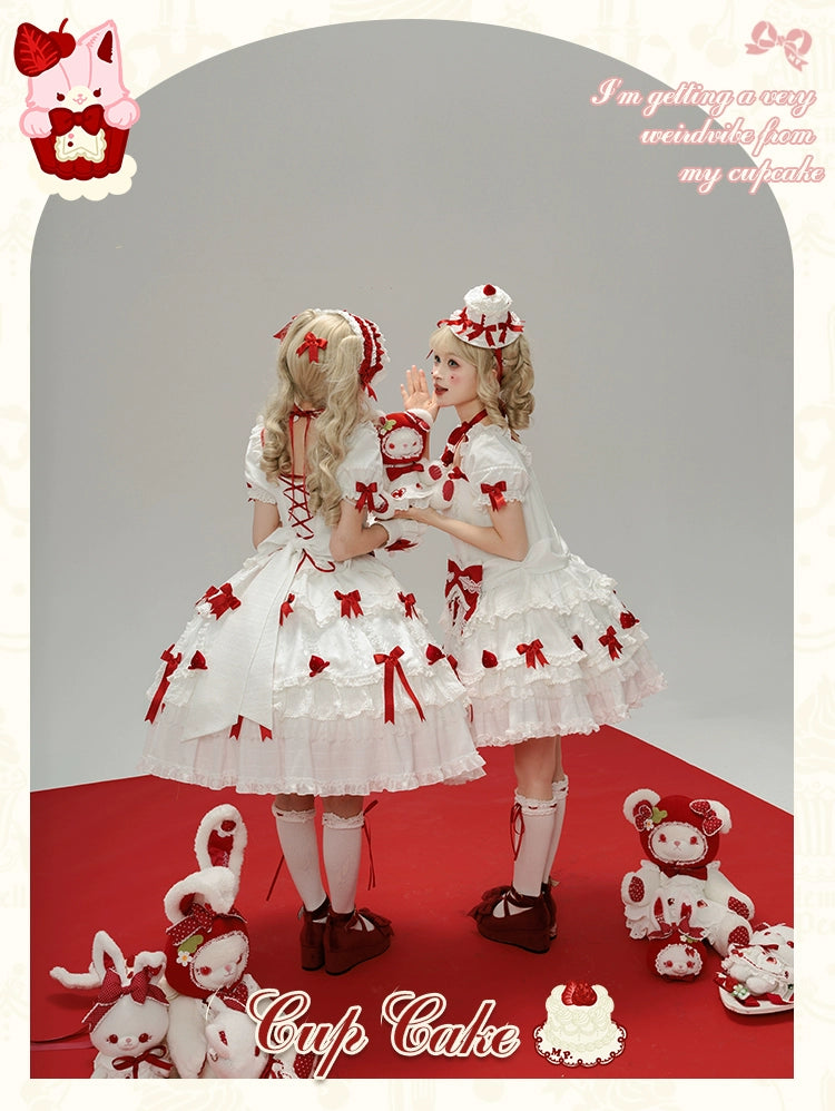 Mademoiselle Pearl - Cup Cake - White, Red Bow, Sweet Lolita Dress Set 43333:773867