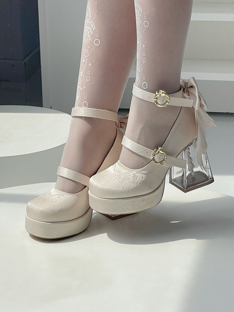 Dreamland - Floating Koi Land - Satin Classic Lolita Platform Shoes, Transparent Heel 44317:804078