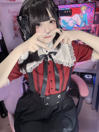 (BFM)Underground Idol World~Jirai Kei Square Stand Collar Ribbon Blouse Heart Buckle Skirt Set   