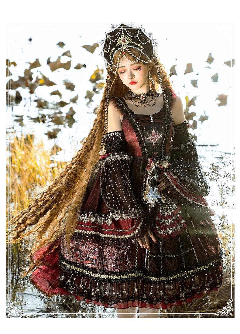 YingLuoFu - Black Red Retro Palace Elgant Classical Lolita JSK