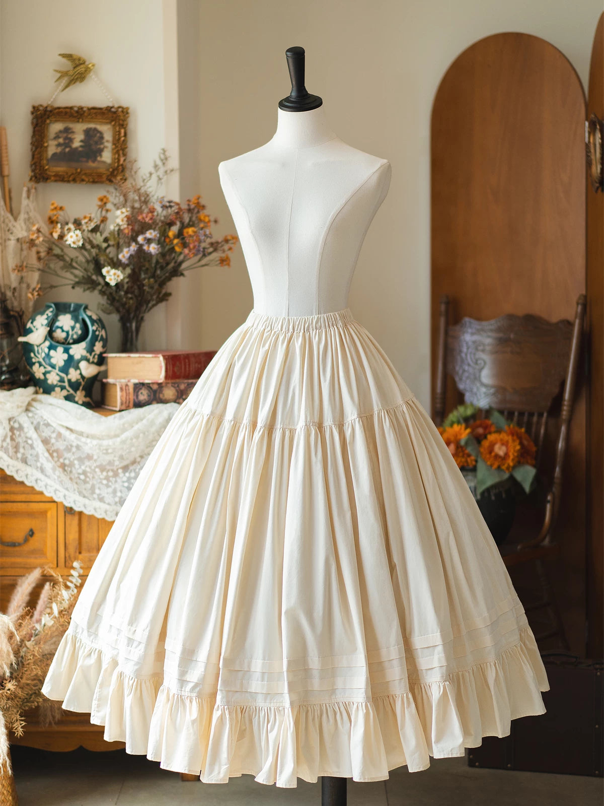 Classic Lolita Cotton Underskirt, Ruffles Hem Beige Underskirt S