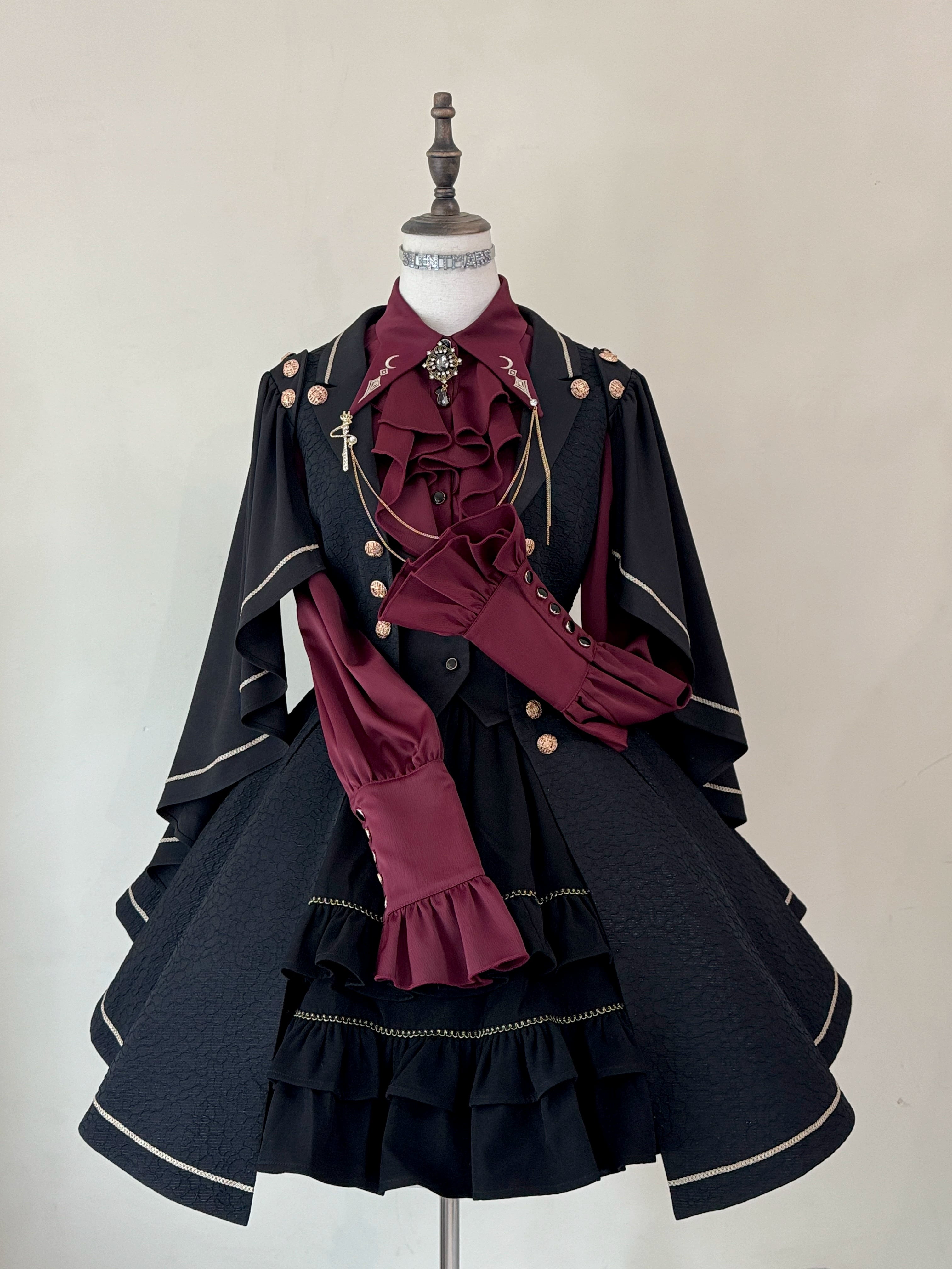 Fallen Moon Code - Retro Military Lolita Capelet-Sleeve Set: Vest, Skirt & Pants All Black - Vest Coat Only S