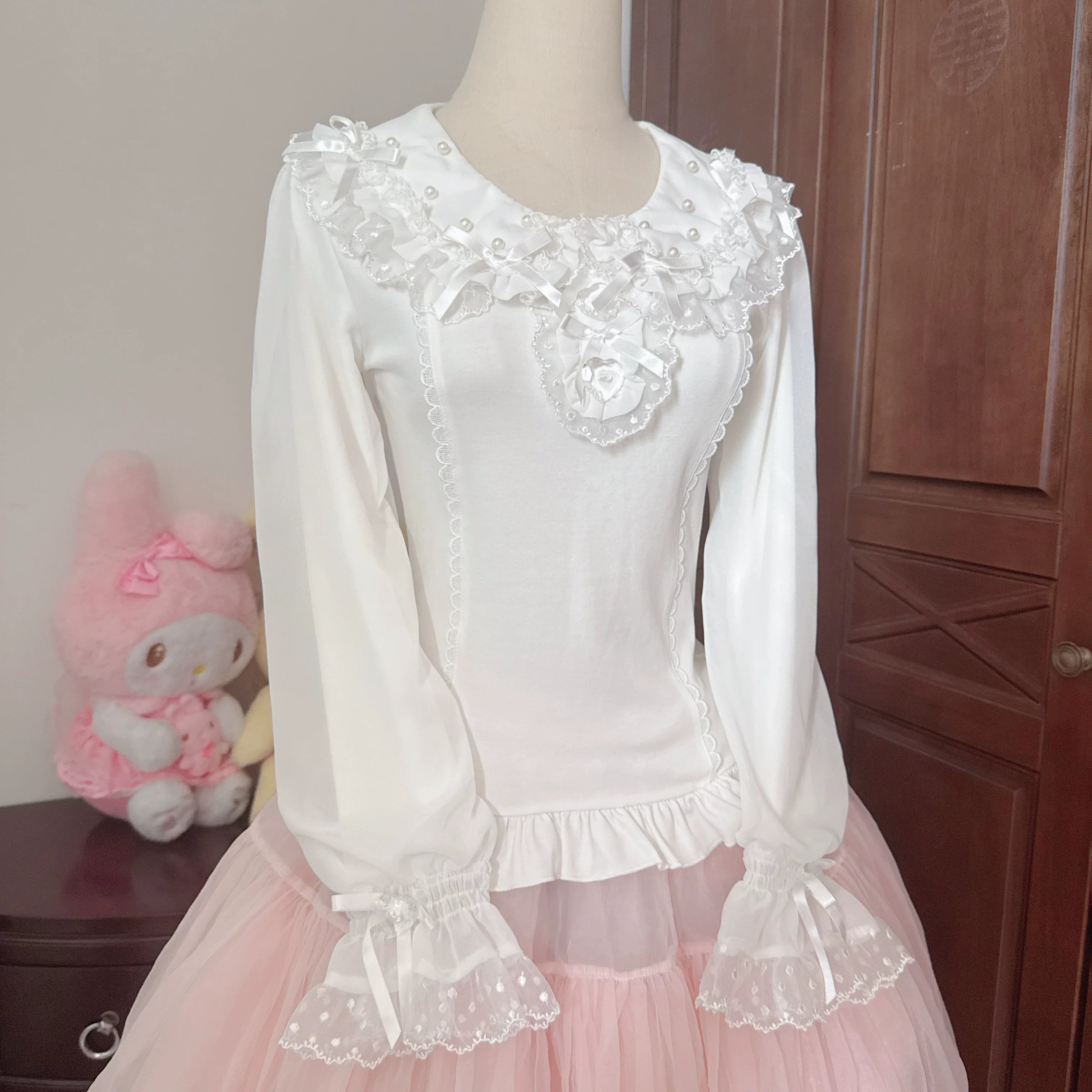 Sea Coconut - Cotton Old School Lolita Peter Pan Collar Blouse with Lace White - Long Sleeve Blouse Small