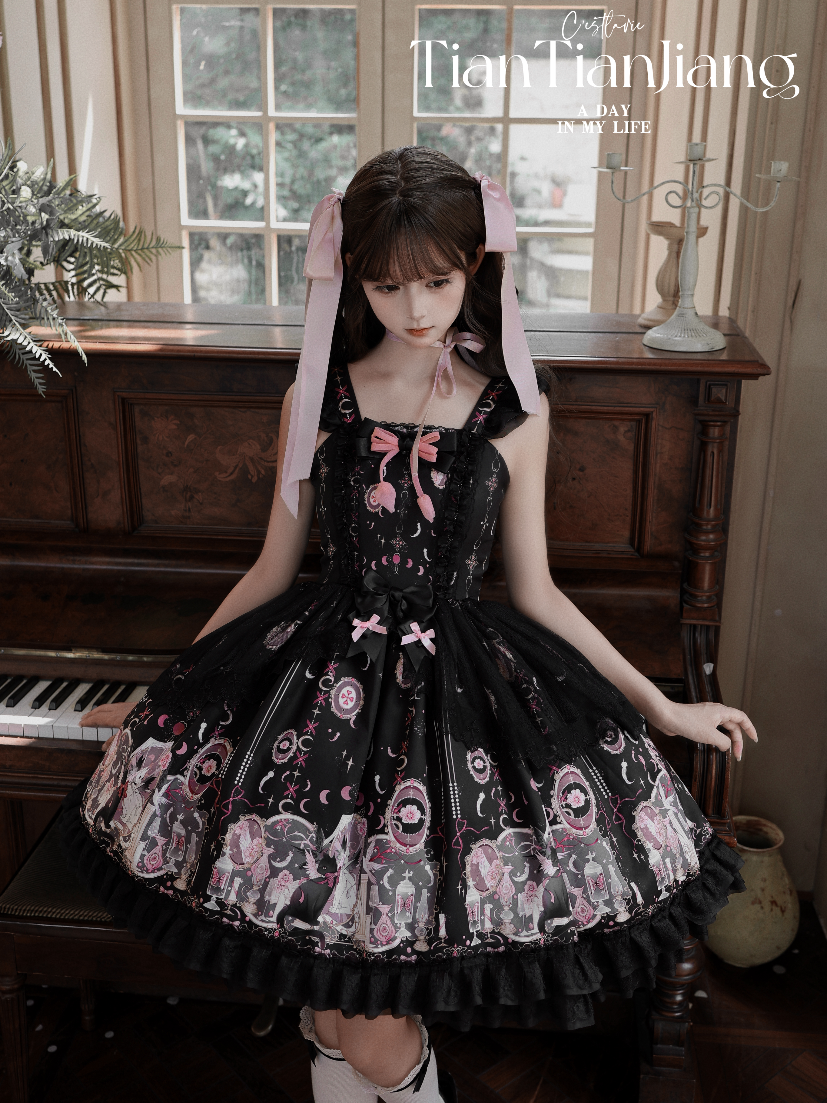 Lunar Cat Crown - Sweet Lolita Black JSK Dress, Angel Cat and Moon Print 45686:858721
