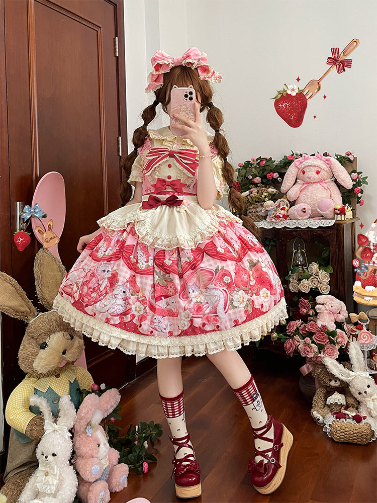 Mewroco~Strawberry Cat~Sweet Lolita Dress Suit JSK and Salopette with Cat Prints