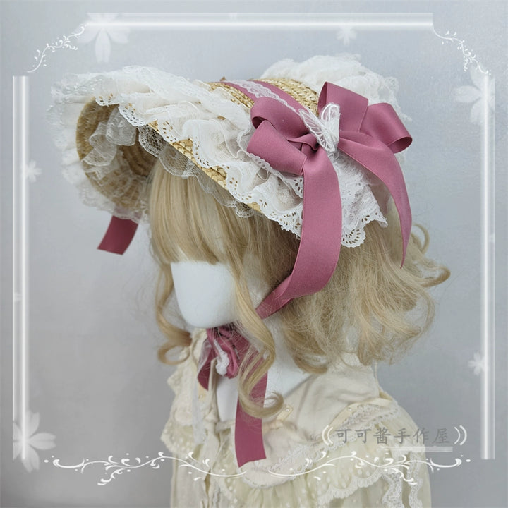Cocoa Jam~Country Lolita Bonnet Lace Flower Flat Cap Multicolors Customized   