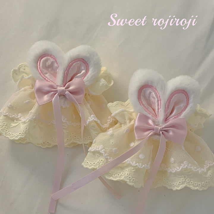 Roji roji~Cute Lolita Bunny Ears Cuffs Lace Summer Butterfly Hand Sleeves Yellow-pink