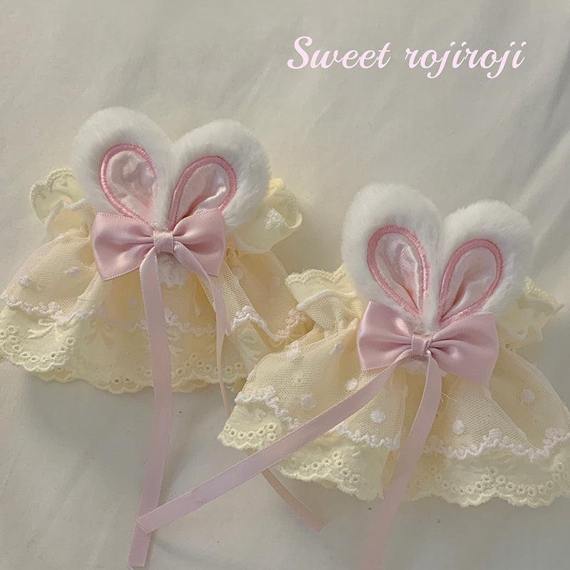 Roji roji - Cute Lolita Bunny Ears Cuffs Lace Summer Butterfly Hand Sleeves Yellow-pink