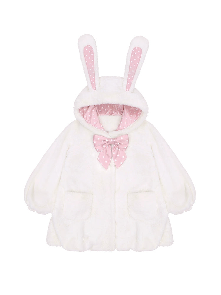 To Alice~Kawaii Lolita Coat Winter Imitation Rabbit Fur Polka Furry Coat size 0 White coat 