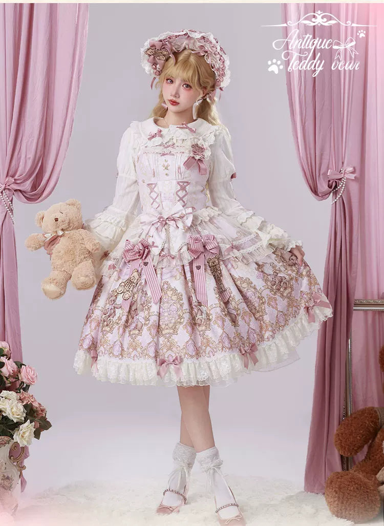 Antique Teddy Bear - Classic Lolita Printed JSK Dress with Ribbon Bows 45538:853251